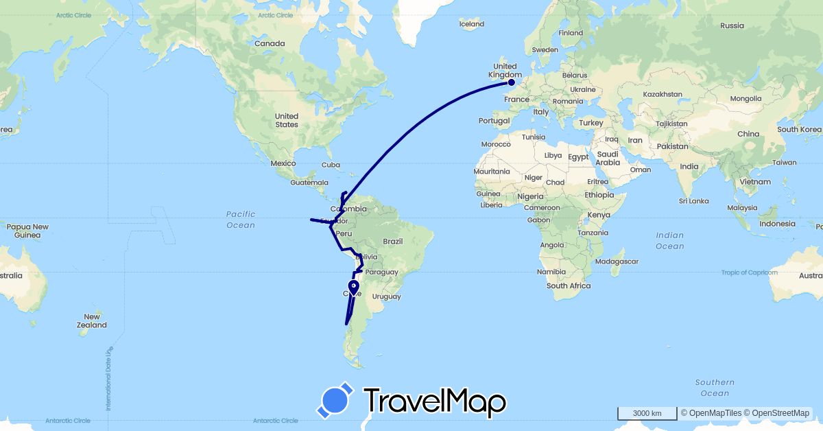 TravelMap itinerary: driving in Bolivia, Chile, Colombia, Ecuador, United Kingdom, Peru (Europe, South America)